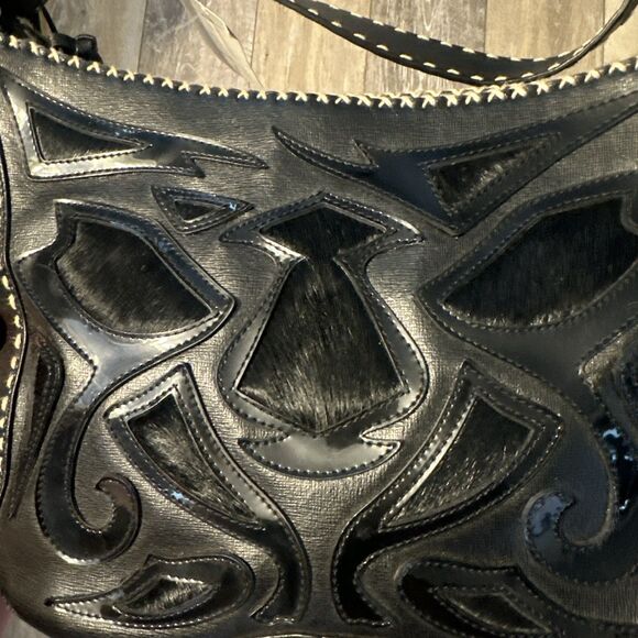 Antonio Melani Black Saffiano Leather Applique Rustic Shoulder Bag Calf Hair